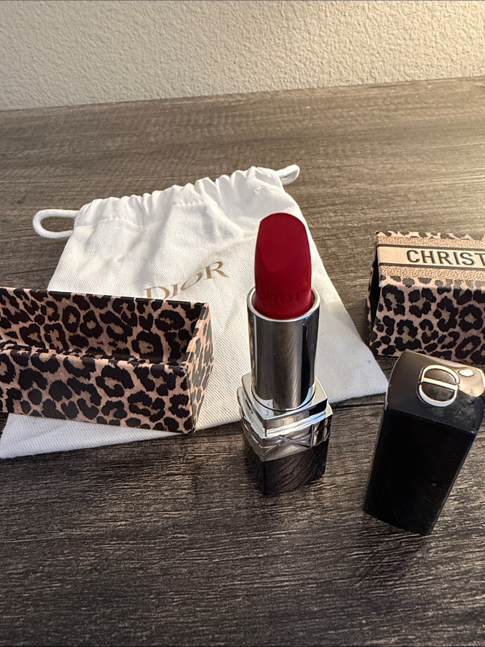 Dior Signature Deep Red Lipstick with Leopard Accent Packaging